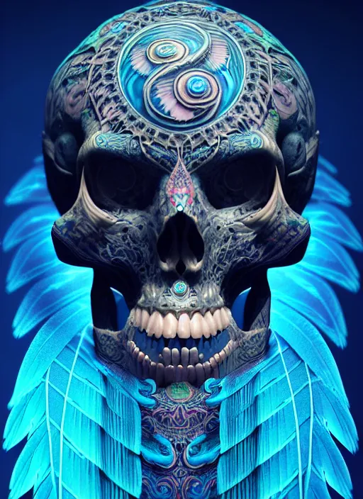 Image similar to 3 d shaman with tattoos profile portrait, sigma 5 0 0 mm f / 5. beautiful intricate highly detailed quetzalcoatl skull and feathers. bioluminescent, plasma, frost, water, wind, creature, gradient background, thunderstorm! artwork by tooth wu and wlop and beeple and greg rutkowski, 8 k trending on artstation,