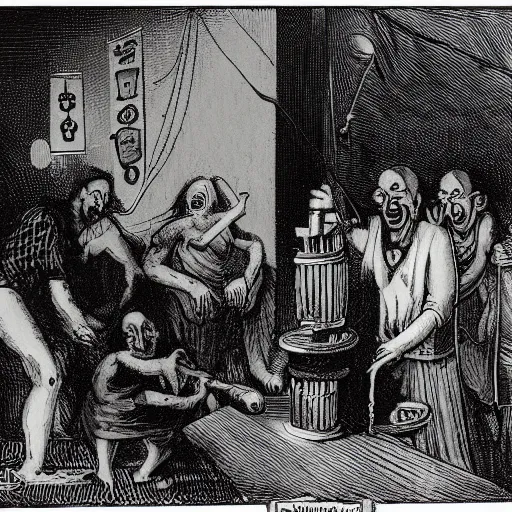 Prompt: a photograph of insane cultists in a basement feeding a computer shrine to the machine wire god with their blood and tears