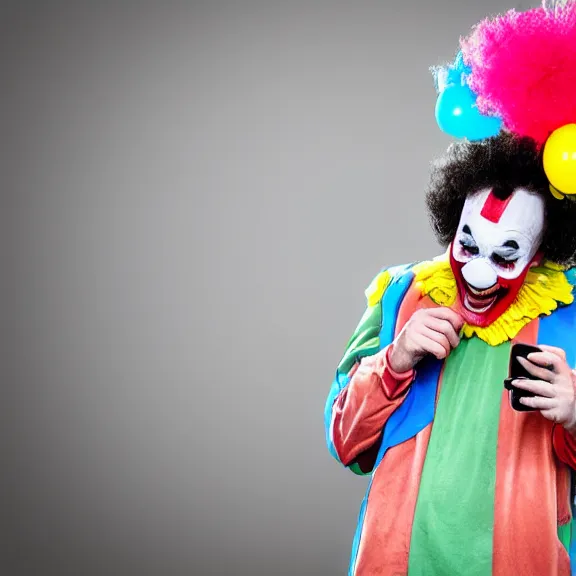 Prompt: clown crying while browsing twitter on his phone, photo taken from behind the clown