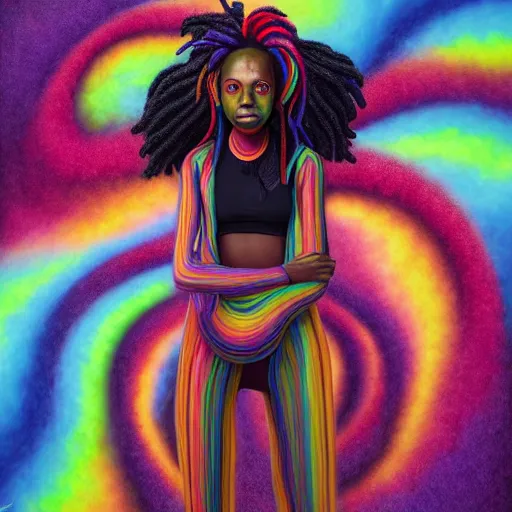 Image similar to a wide angle shot of a black girl with colorful dreadlocks in a field of candy, by Adi granov and afarin sajedi and amanda sage and evgeni gordiets and Agostino Arrivabene and adonna khare in a psychedelic portrait style, ultrarealistic matte painting, volumetric lighting, fractal, extremely symmetrical, highly detailed face, orisha, 8k, hd