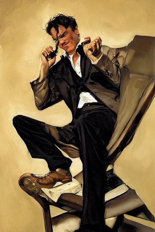 Image similar to quentin tarantino holding feet!!!, licking, painting by jc leyendecker!! phil hale!, angular, brush strokes, painterly, vintage, crisp