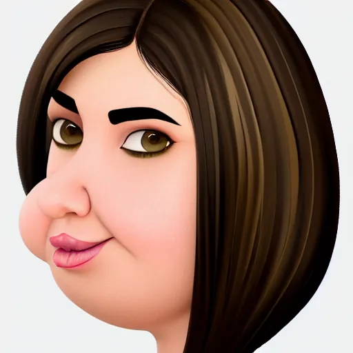 Image similar to chubby 30 year old brunette woman with straight hair in a short bob, round face, romanian heritage, brown eyes, olive skin, bulbous nose, big chin, wide face, no bangs, digital art, cartoon, cute, 8k, illustration, trending on artstation, medium shot, head shot