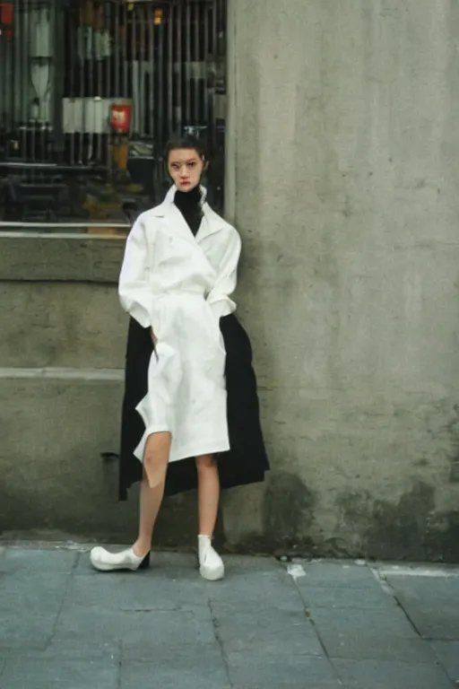 Prompt: high quality realistic street photo of girl, stylish hairstyles, clothes in the style of 1 9 9 0, fashion style clothes from maison margiela and off - white ; kodak ektar, 2 0 0 iso, 3 5 mm lens, bill henson style beautiful chiaroscuro lighting, beautiful colour palette, beautiful and realistic, wide shot