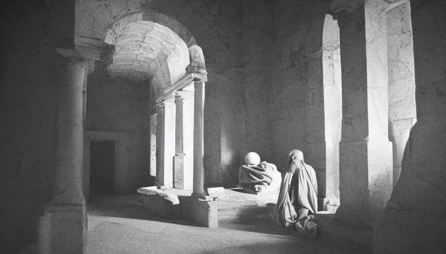 Prompt: 1 9 6 0 s movie still by tarkovsky of an elder socrates in dark drapery inside a barque in a neoclassical aqueduc, cinestill 8 0 0 t 3 5 mm b & w, high quality, heavy grain, high detail, panoramic, ultra wide lens, cinematic composition, dramatic light, anamorphic, piranesi style