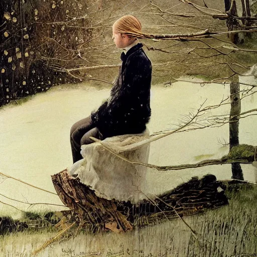 Prompt: Elle Fanning in the world of Andrew Wyeth, stormy weather, extremely detailed masterpiece, oil on canvas, Roger Deakin’s cinematography, by Norman Rockwell,