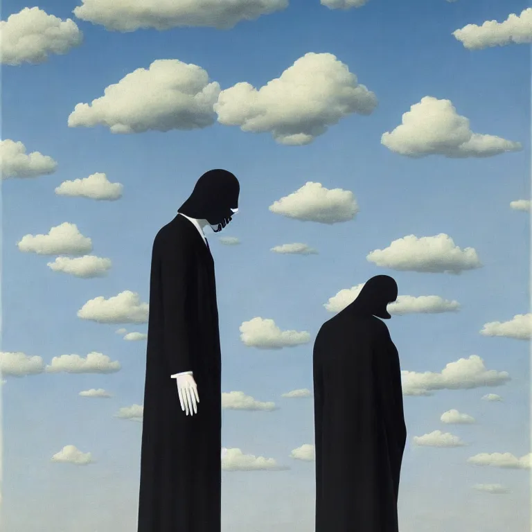 Image similar to portrait of a faceless grim reaper in a suit, clouds in the background, by rene magritte, detailed painting, distance, middle centered, hd, hq, high resolution, high detail, 4 k, 8 k