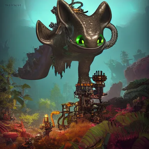 Image similar to realistic bioluminescent toothless on a steampunk biome, art style by borderlands, detailed, studio shot, unreal engine 5, octane, high definition, smooth, artstation, behance