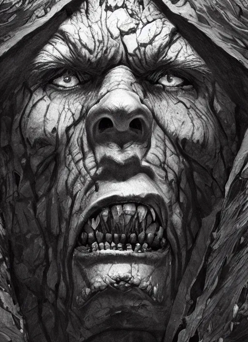 Image similar to close up portrait of a monster in the mountains of hell, oil painting by tomasz jedruszek, cinematic lighting, pen and ink, intricate line, hd, 4 k, million of likes, trending on artstation