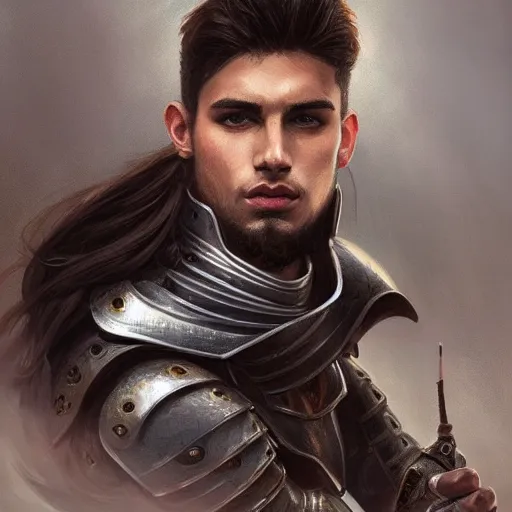 Image similar to a portrait of an attractive young man, clothed in battle armor, olive skin, long dark hair, beautiful bone structure, symmetrical facial features, intricate, elegant, highly detailed, digital painting, trending on Artstation, concept art, smooth, sharp focus, illustration, in the style of artgerm and greg rutkowski and alphonse mucha