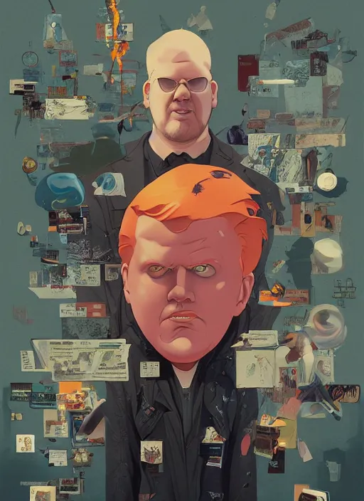 Prompt: poster artwork by Michael Whelan and Tomer Hanuka, Karol Bak of Jim Gaffigan blowing single perfect bubblegum, he's a hitman in peacoat, from scene from Twin Peaks, clean, simple illustration, nostalgic, domestic, full of details, by Makoto Shinkai and thomas kinkade, Matte painting, trending on artstation and unreal engine