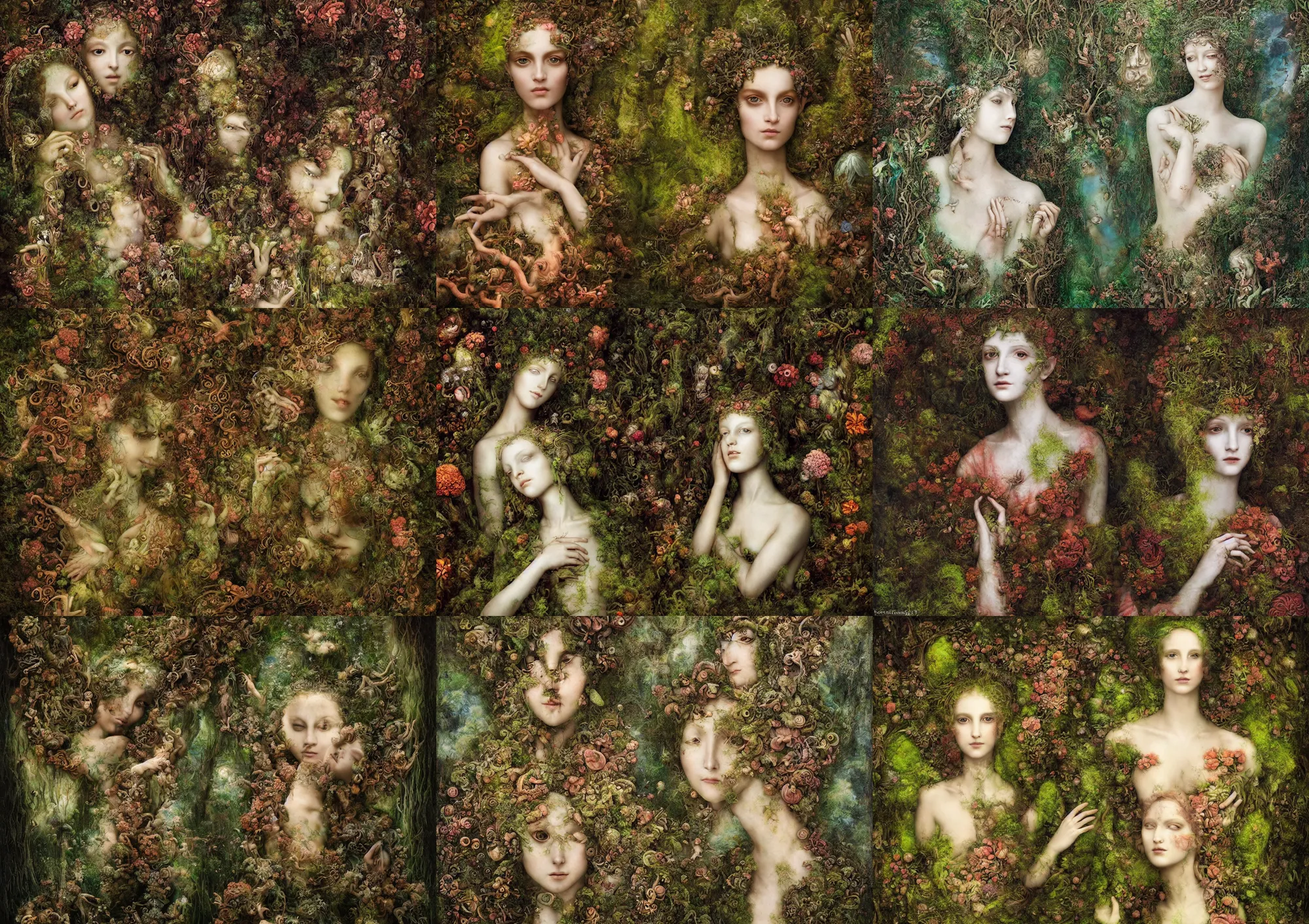 Prompt: portrait of a beautiful fractal goddess in a vast dream, renaissance painting, complex and desaturated, moss and coral and fungi covering ancient relics
