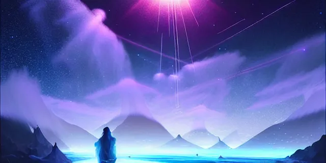 Prompt: beautiful glowing cubes all interconnected to each other with light beams, atmospheric lighting, intricate, volumetric lighting, beautiful, sharp focus, ultra detailed, in the art style of bowater, charlie, brom, gerald, lake baikal in the background, astrophotography