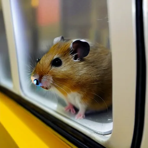 Image similar to photo of a hamster inside a metro train, looking out of the window, various poses, unedited, soft light, sharp focus, 8 k