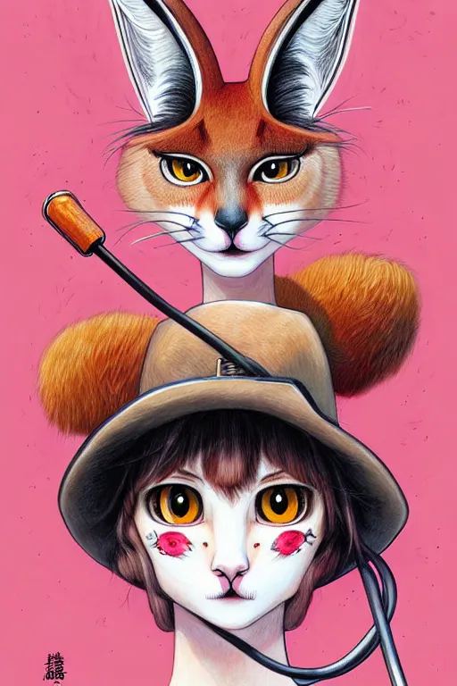 Image similar to cute fluffy caracal wearing cowboy hat, style of yoshii chie and hikari shimoda and martine johanna, highly detailed