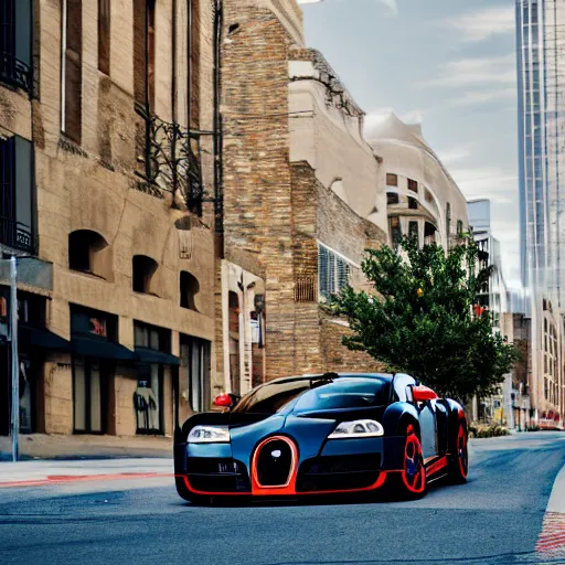 Image similar to photograph of a bugatti veyron on the streets of downtown kansas city missouri, daytime, realistic, 8 k