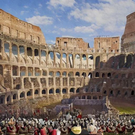 Image similar to the gladiator in the arena welcomes the emperor of rome, a view from the back of the gladiator to the colosseum, a detailed view of the stands, hyperdetailed, octane render, 8 k