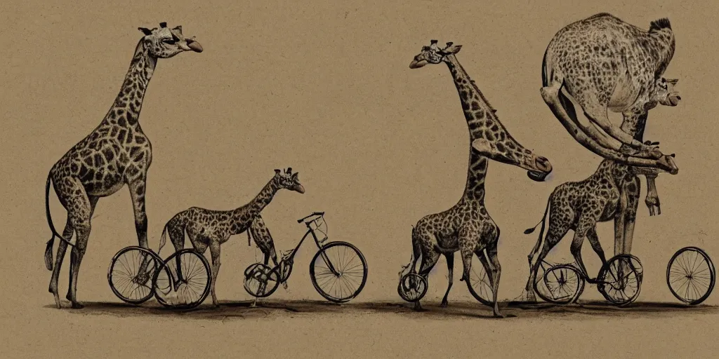 Image similar to giraffe pig hybrids riding bicycles, sepia toned illustration