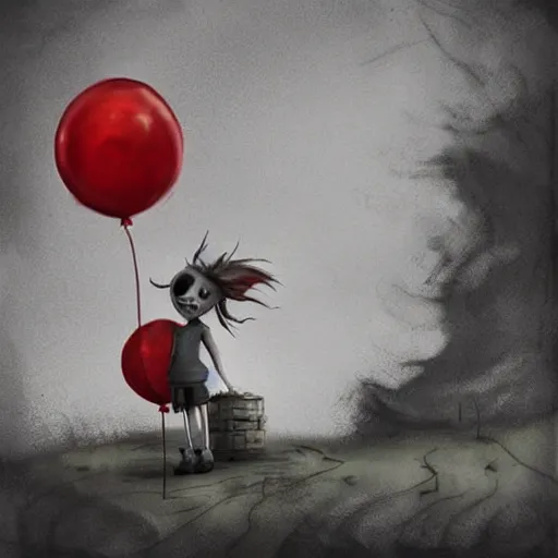 Image similar to grunge cartoon landscape sketch of bilie eilish with a wide smile and a red balloon by - michal karcz, loony toons style, pennywise style, horror theme, detailed, elegant, intricate