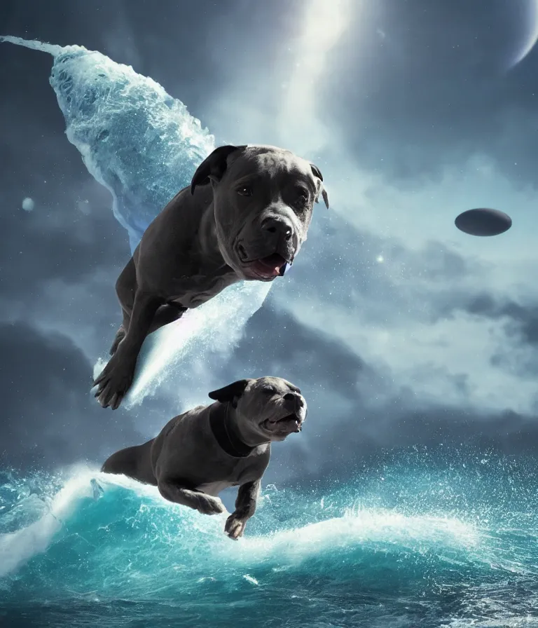 Prompt: photo of a dark gray coat pit bull with a white paws!, surfing on a surfboard in a crashing wave of alien ocean in space, background is an alien galaxy, aliens in the background, alien colors, octane render, unreal engine, wide view, 8 k, highly detailed