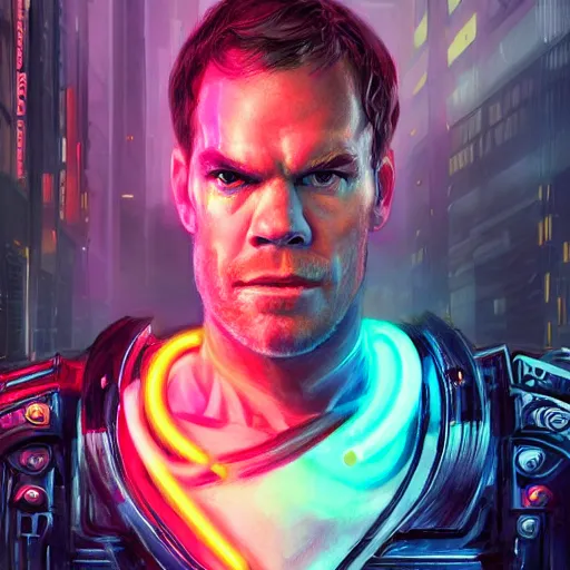 Image similar to Michael C Hall as a neon cyberpunk dream gladiator , professional modeling, looking down on the camera, detailed, centered, digital painting, artstation, concept art, donato giancola, Joseph Christian Leyendecker, WLOP, Boris Vallejo, Breathtaking, 8k resolution, extremely detailed, beautiful, establishing shot, artistic, hyperrealistic, beautiful face, octane render, cinematic lighting, dramatic lighting, masterpiece