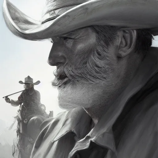 Image similar to cowboy, old, white beard, wrinkles, handsome, action pose, katana, profile, intricate, detailed, volumetric lighting, scenery, digital painting, highly detailed, artstation, sharp focus, illustration, concept art, ruan jia, steve mccurry