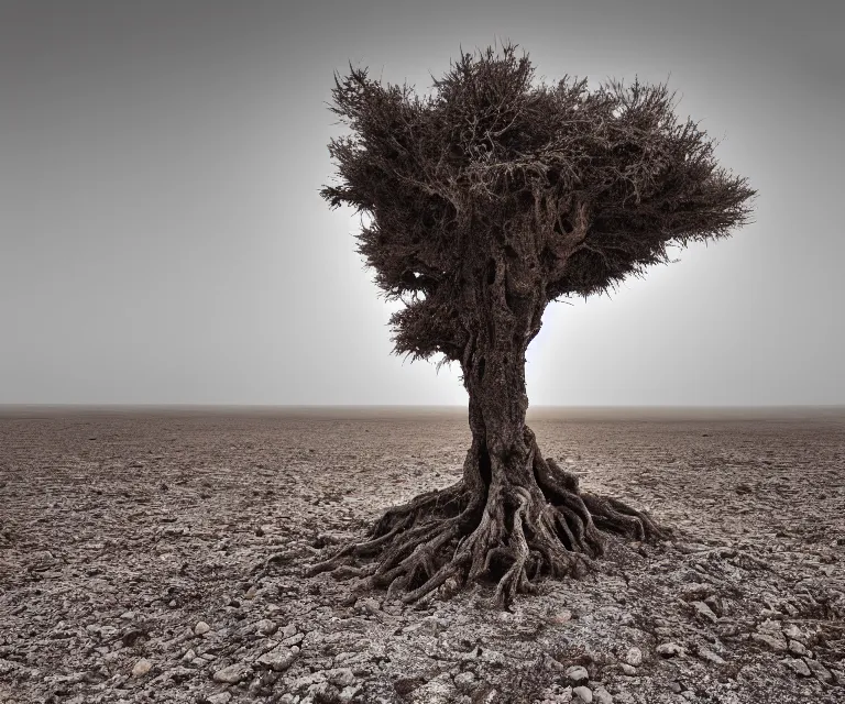 Prompt: an isolated ancient tree in the middle of a barren dessert, bleak, sandy, foggy, sunrise, dreary, high res, detailed, photorealistic, 5 0 mm