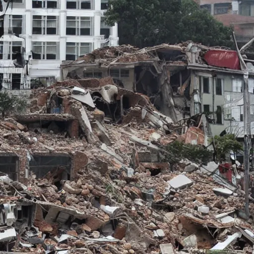 Image similar to seven avocados hovering over seven a rubble after a building collapsed, journalistic photograph.