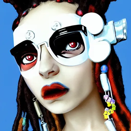 Prompt: eccentric kawaii goth girl with dreads wearing cyber goggles and eclectic jewelry, by jamie hewlett,