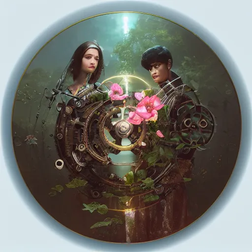 Prompt: a beautiful fine art RPG portrait photo of a mechanical industrial steampunk yin yang symbol, overgrown with morning glory flowers, montsera leaves by tom bagshaw and zach sutton, golden ratio composition, soft studio lighting, soft vignette, 50mm lens, very detailed, bionic, cybernetic scifi, deep depth of field, artstation, 8K