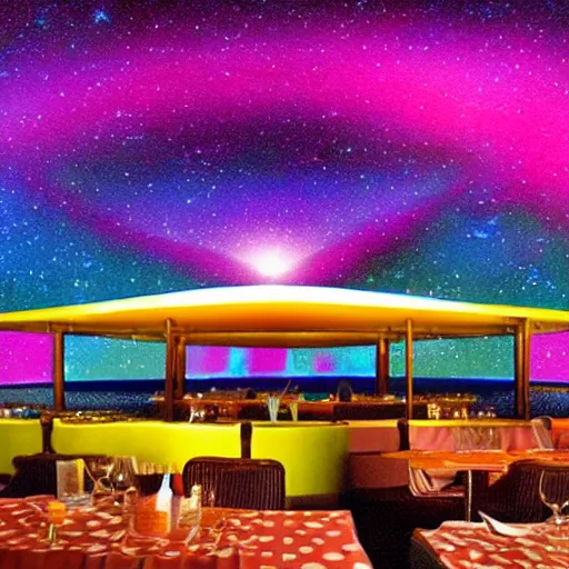 Prompt: the restaurant at the end of the universe, vivid colors, no man's sky.