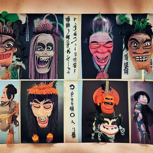 Prompt: Shrunken head voodoo dolls in the style of a japanese movie poster