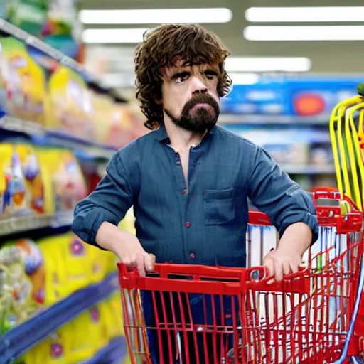 Image similar to film still of extremely tall peter dinklage shopping at walmart, shopping cart full of spaghetti