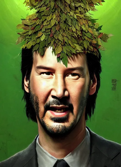 Image similar to highly detailed comedy caper movie poster with silly wacky zany keanu reeves as a sentient pile of leaves, keanu reeves green face as a sentient leafy bush by greg rutkowski, masterpiece, really funny, 1 0 / 1 0 comedy