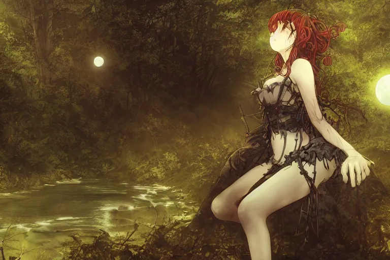 Image similar to goth woman in a moonlight view, in a forest, a river, tankoban, 4 k, tone mapping, akihiko yoshida, james jean andrei riabovitchev marc simonetti, yoshitaka amano, long hair, curly, h. hydrochaeri