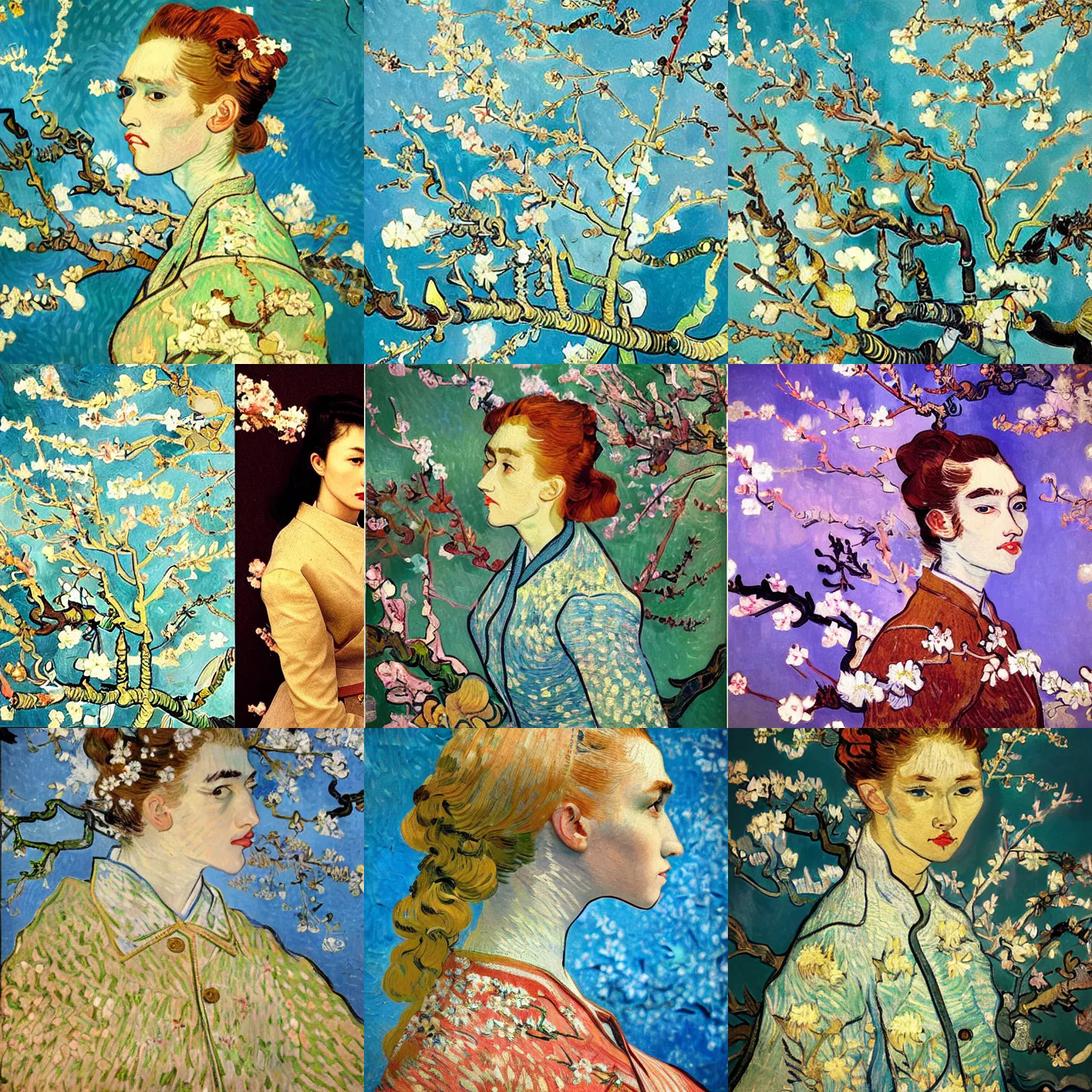 Prompt: a beautiful female profile with the background of almond blossoms by van gogh multiple-exposure lomography, overlapping, perfect symmetrical, bokeh