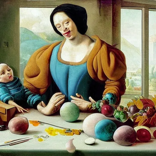 Prompt: A beautiful painting harmony of colors, simple but powerful composition. A scene of peaceful domesticity, with a mother and child in the center, surrounded by a few simple objects. Colors are muted and calming, serenity and calm. expressionism, cyber noir by Jan van Kessel the Elder, by Joe Jusko, by Giuseppe Arcimboldo