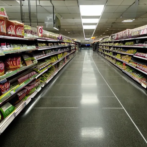 Image similar to supermarket empty, eerie, spooky, dim lights,