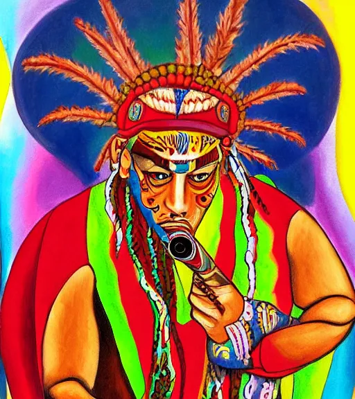 Image similar to Painting in a style of Alex Grey of a shaman dressed in a colorful traditional clothes. He is smoking a pipe
