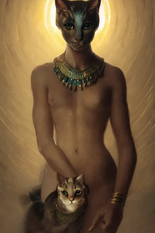 Image similar to softly lit portrait of the beautiful egyptian goddess, bastet, bast, woman / cat hybrid, soft torchlight in an egyptian tomb, digital art by ruan jia and mandy jurgens and artgerm and william - adolphe bouguereau, highly detailed, trending on artstation, award winning,