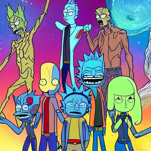 Prompt: guardians of the galaxy posing, in the style of Rick and Morty n -5