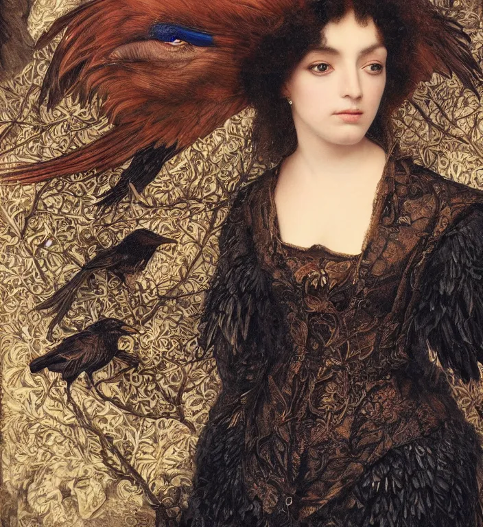 Image similar to a breathtakingly stunningly beautifully highly detailed portrait of a majestic raven, by rosetti and devinci and michael cheval and sidney cooper and turner, 4 k