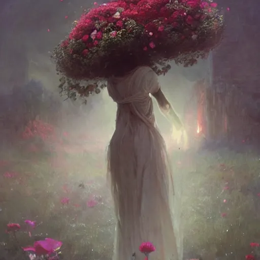 Image similar to a beautiful terrifying girl made of flowers. ethereal horror fantasy art by greg rutkowski and magali villanueve and monet, concept art, smooth, cinematic lighting, 8 k resolution