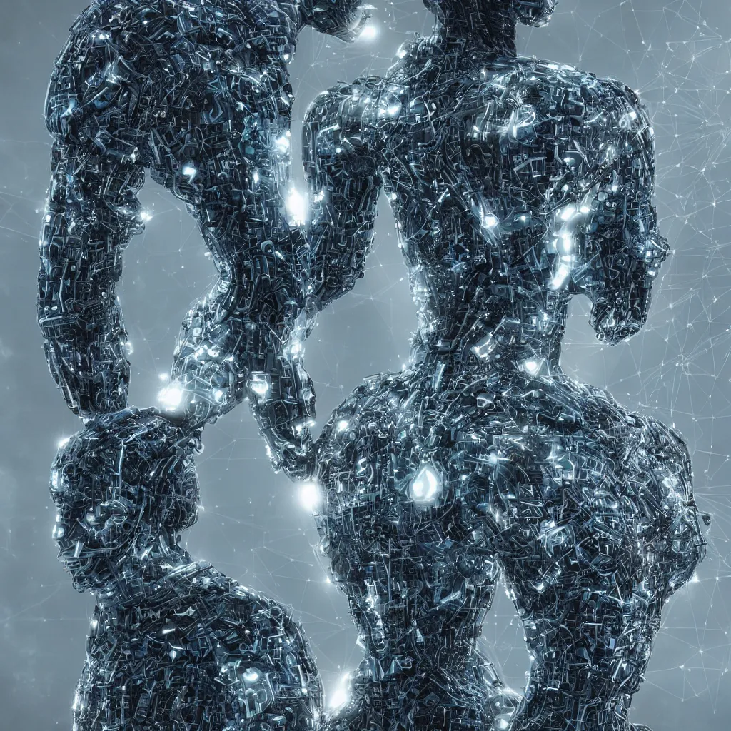 Image similar to “a human being designed by artificial intelligence to be optimized for love and creativity in a futuristic cyber stone temple, highly detailed in 4K”