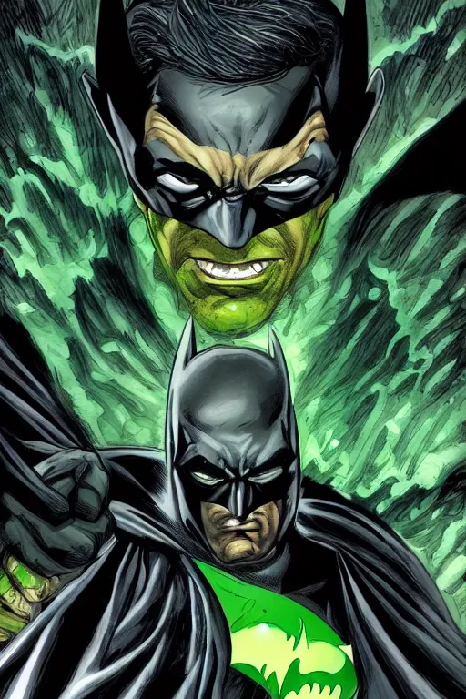 Image similar to angry batman, with dark ghost smokes around, green scary lights, illustration, jason fabok, jim lee, mark brooks, alex ross style, dark fantasy color scheme, cinematic, mysterious, artgem