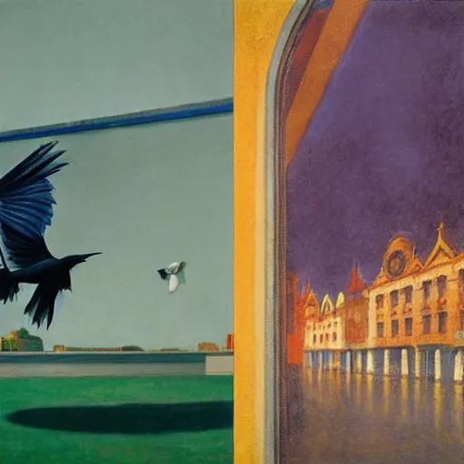 Prompt: a battle if crows in mumbai, hyperrealistic film still by edward hopper, by gottfried helnwein, by klimt, by paolo uccello, art nouveau, highly detailed, strong lights, liminal, eerie, metaphysical, bright pastel colors,