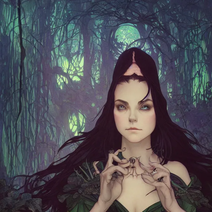 Image similar to a beautiful render of absolutely beautiful witch, gothic background, a beautiful face, perfectly shaded, atmospheric lighting, style of makoto shinkai, raphael lacoste, louis comfort tiffany, artgerm, karol bak, james jean, alphonse maria mucha