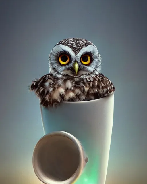 Image similar to long shot of a very cute owl chick nesting in a very futuristic cup, esao andrews, humorous illustration, hyperrealistic, big depth of field, warm colors, night scenery, low light, 3 d octane render, 4 k, conceptart, hyperdetailed, hyperrealistic, trending on artstation