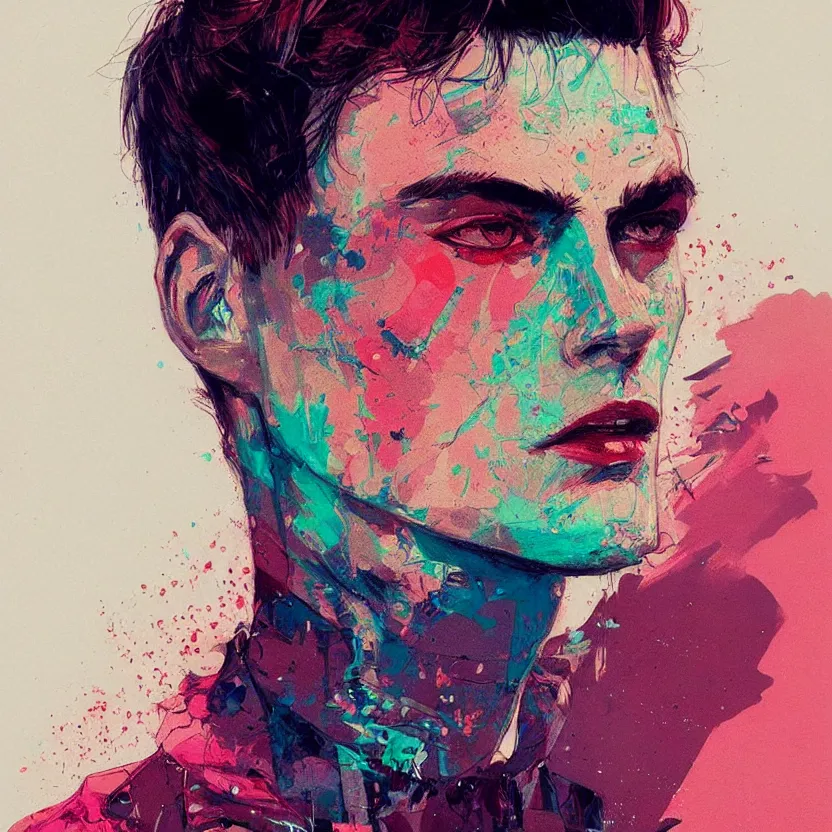 Image similar to close up portrait painting of a male in nineties street styling, concept art, intricate details, aesthetically pleasing pastel colors, art by conrad roset, impressionism, portrait