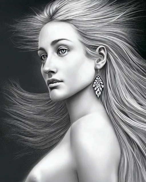 Image similar to pencil drawing of beautiful greek goddess aphrodite with arrowhead earrings and beautiful feather jewelry, beautiful piercing eyes, beautiful blonde hair flying in the wind, hyper realistic face, in the style of greg rutkowski, fantasy, amazing detail, epic, elegant, smooth, sharp focus, from the front