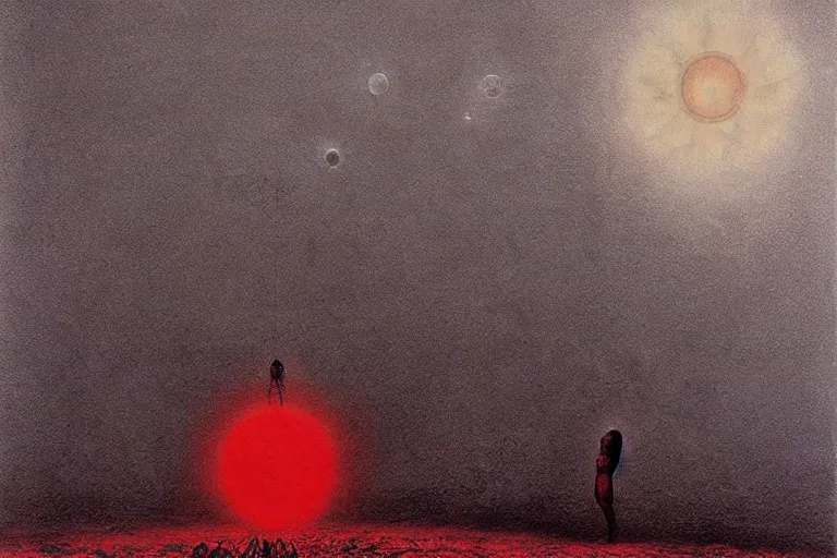 Image similar to people activate behelit in the middle of eclipse, human sacrifice , Old testament angel, dark sky, red cloud, sea of blood, beksinski